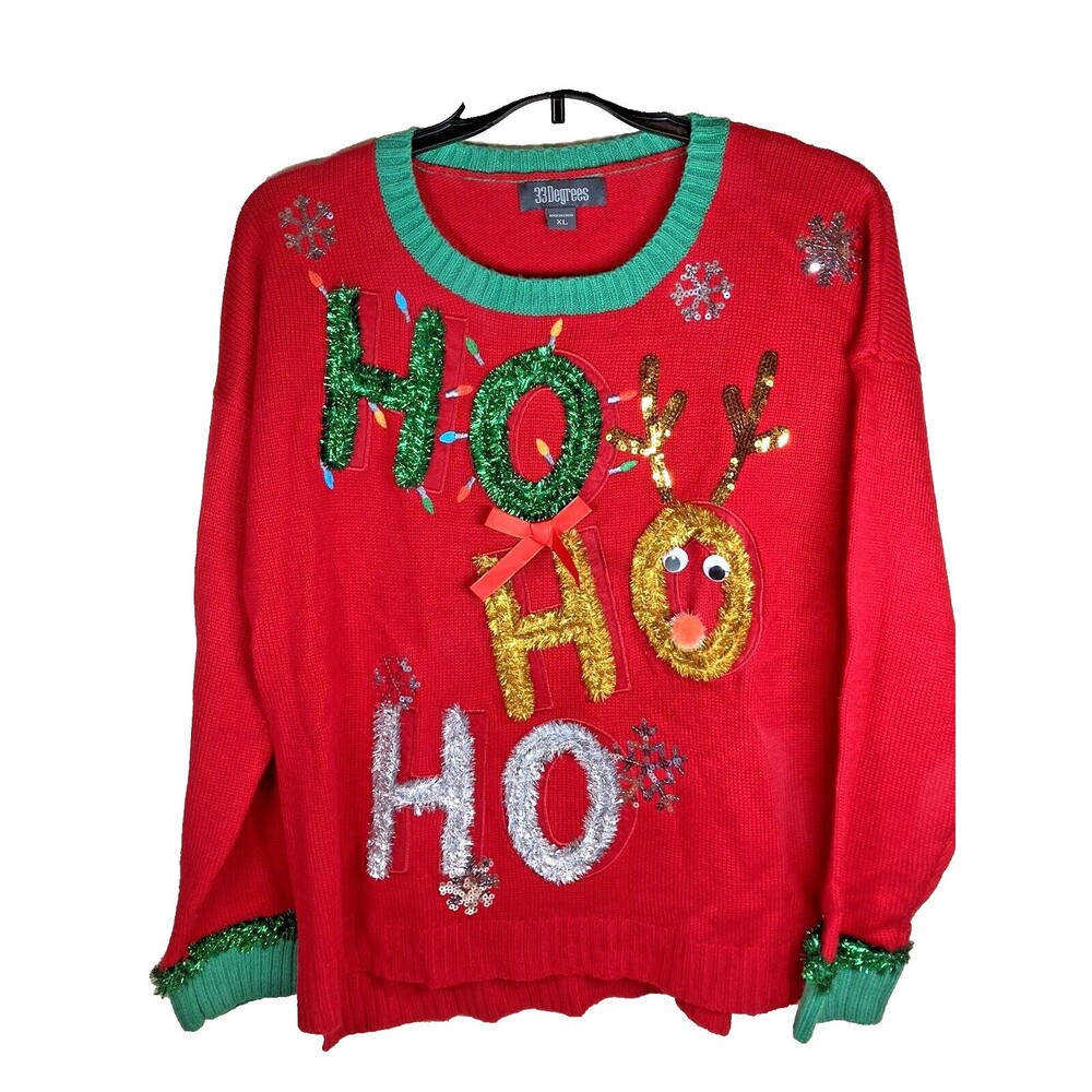 Ugly Christmas Sweater HO HO HO - Reindeer W/Googly Eyes Size XL Party Novelty